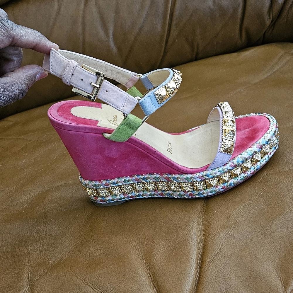 Christian Louboutin Pyraclou Suede Multicolor Gold Accent Wedges Sz 4 US - Picture 8 of 15